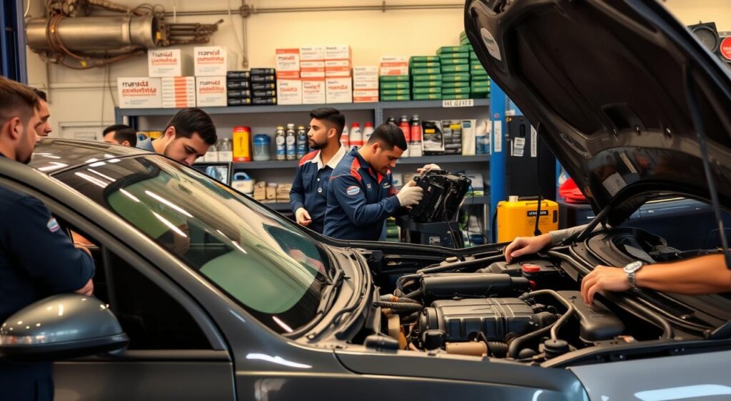 A well-equipped auto repair workshop, with a team of skilled mechanics inspecting and servicing a mid-sized sedan. In the foreground, a mechanic is performing a thorough preventive maintenance check, checking fluid levels, inspecting belts and hoses, and ensuring the engine is running smoothly. In the middle ground, other mechanics are using specialized tools and diagnostic equipment to identify and address any potential issues. The background features shelves stocked with genuine "manual do motorista" parts and supplies, conveying a sense of professionalism and attention to detail. Warm, natural lighting illuminates the scene, creating a sense of care and diligence in maintaining the vehicle.