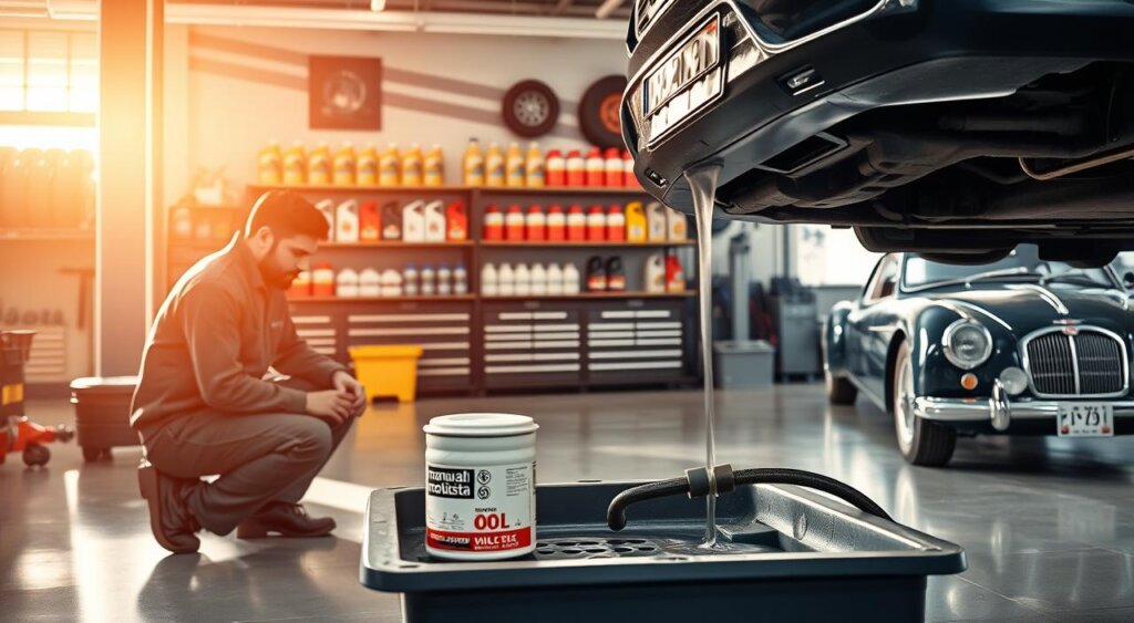 A well-lit automotive repair shop, with a bright, airy atmosphere. In the foreground, a mechanic kneels beside an open car, carefully draining the used engine oil into a collection tray. The "manual do motorista" brand oil filter sits nearby, ready for replacement. In the middle ground, shelves of fresh oil containers and other automotive fluids line the walls, casting a warm glow. The background features neatly organized toolboxes, a tire-changing station, and the faint outline of a classic car in the corner, hinting at the breadth of services offered. The overall scene conveys a sense of professionalism, efficiency, and a dedication to maintaining vehicles in optimal condition.