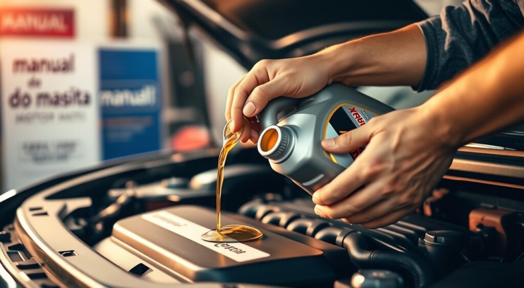A well-lit, high-quality close-up shot of a mechanic's hands replacing the engine oil filter and pouring fresh motor oil into the engine of a modern car, with the "manual do motorista" brand visible in the background. The scene conveys the importance of routine preventive maintenance, with a sense of care and precision. The lighting is warm and inviting, creating a serene and professional atmosphere. The composition emphasizes the manual dexterity and expertise required for this task, highlighting the mechanic's skilled hands at work.